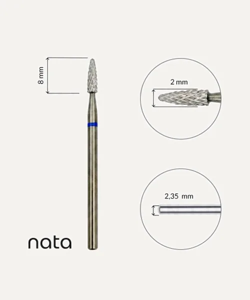 Fresa / Broca Nata de carburo forma mini maíz azul, L-8 mm., Ø2 mm